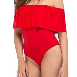 Red ruffle off the shoulder top